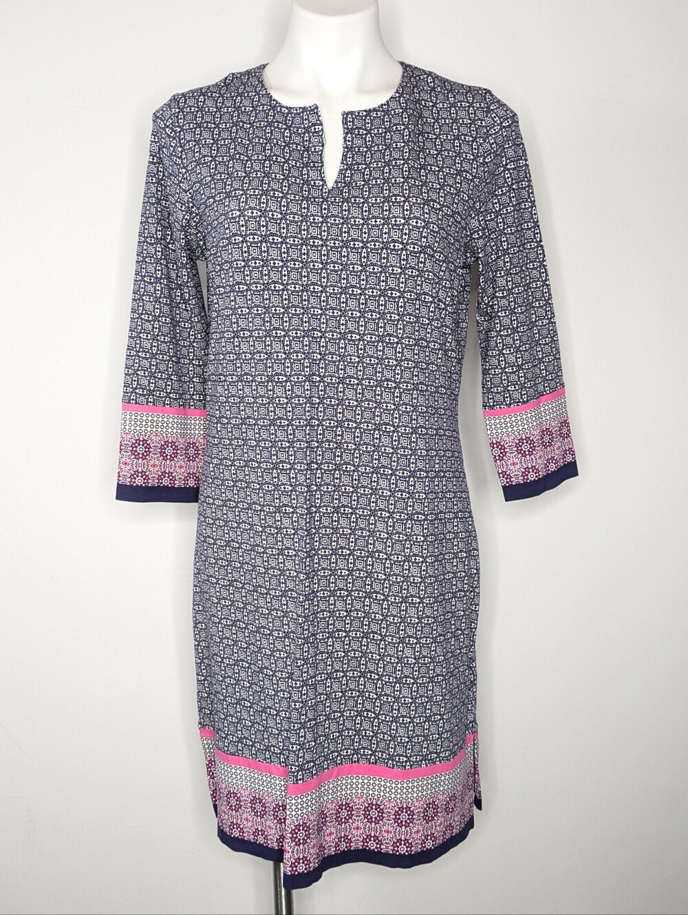 Coolibar Blue Pink Geometric 3/4 Sleeve Cotton Blend Cover Up Dress M